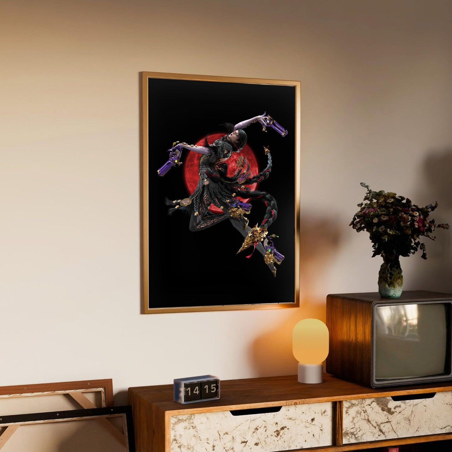 Bayonetta 3 Bayonetta character art poster in an oak frame above a sideboard