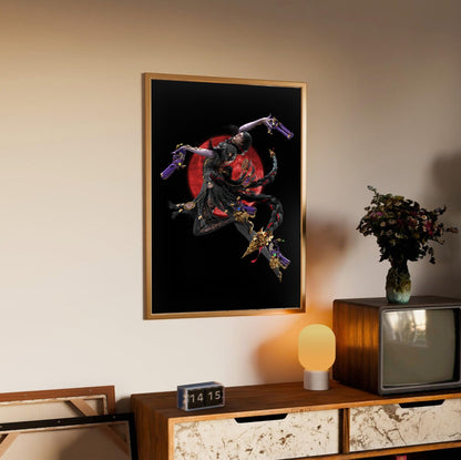 Bayonetta 3 Bayonetta character art poster in an oak frame above a sideboard