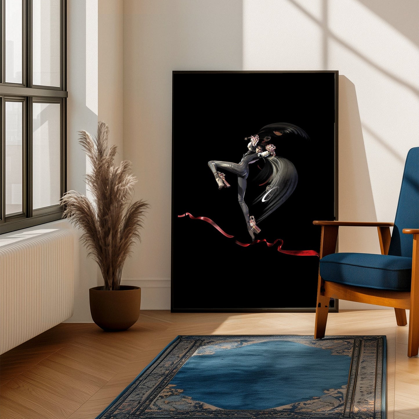 Bayonetta action pose art poster framed beside a blue armchair in a sunlit room