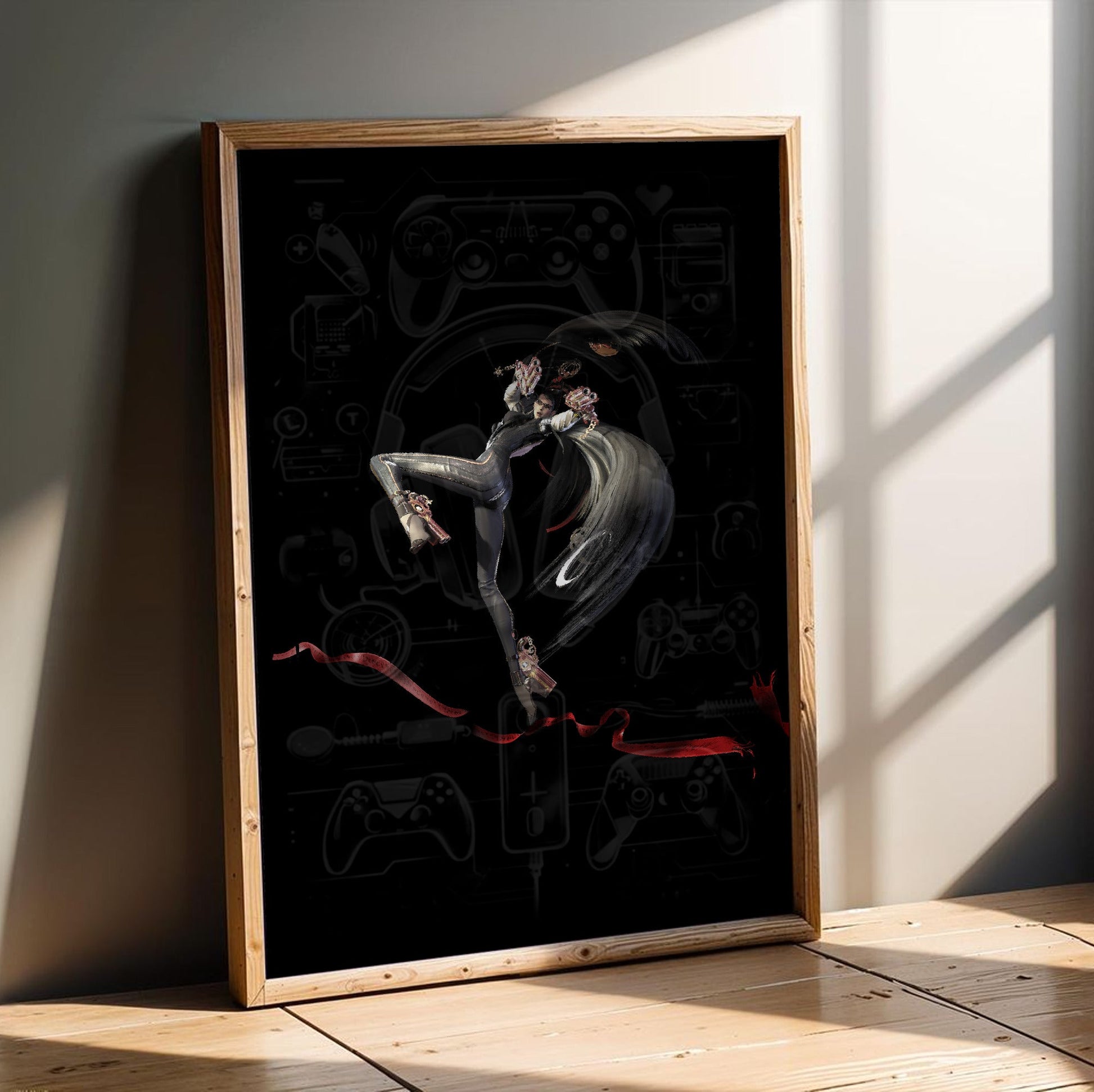 Bayonetta action pose art poster in an oak frame leaning on a wooden floor