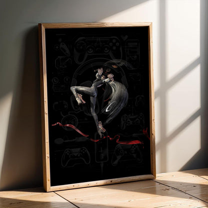 Bayonetta action pose art poster in an oak frame leaning on a wooden floor