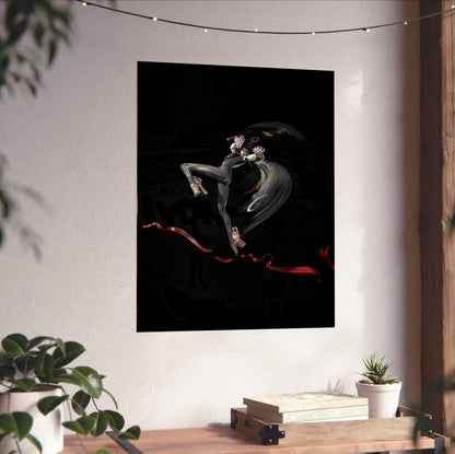 Bayonetta action pose art poster unframed on a white wall above a desk