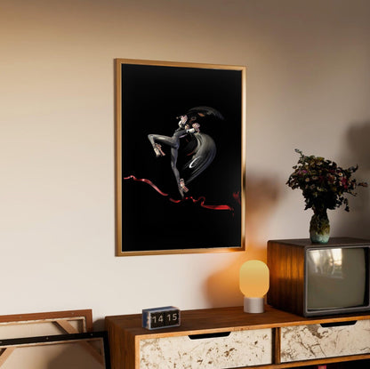 Bayonetta action pose art poster in an oak frame above a sideboard