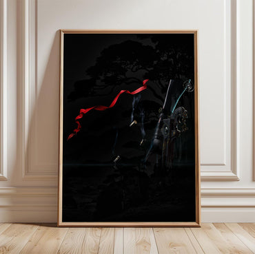 Bayonetta boots and bullets art poster in a light oak frame leaning against a white wall