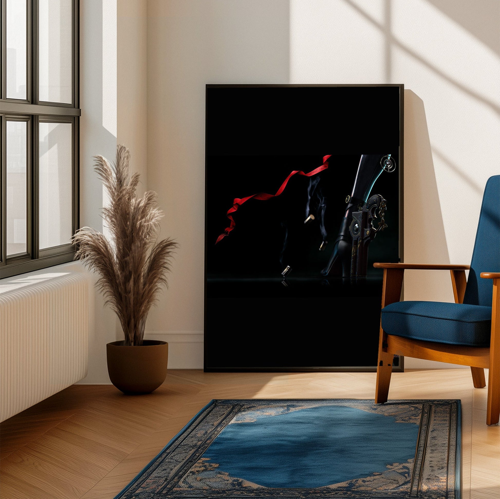 Bayonetta boots and bullets art poster framed beside a blue armchair in a sunlit room