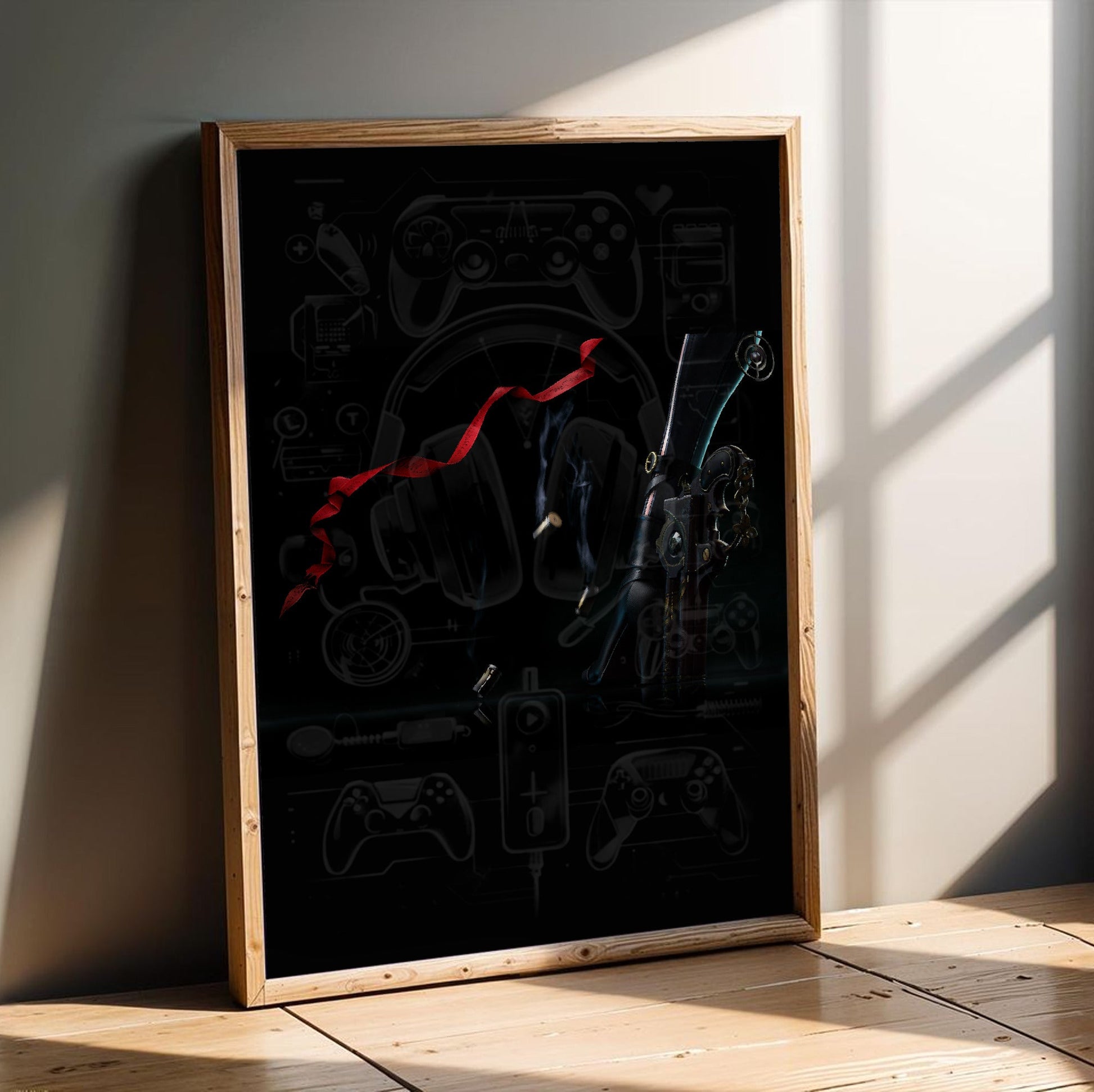 Bayonetta boots and bullets art poster in an oak frame leaning on a wooden floor