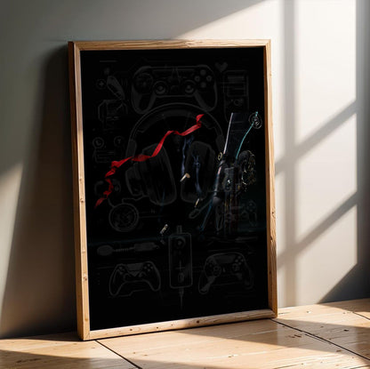 Bayonetta boots and bullets art poster in an oak frame leaning on a wooden floor