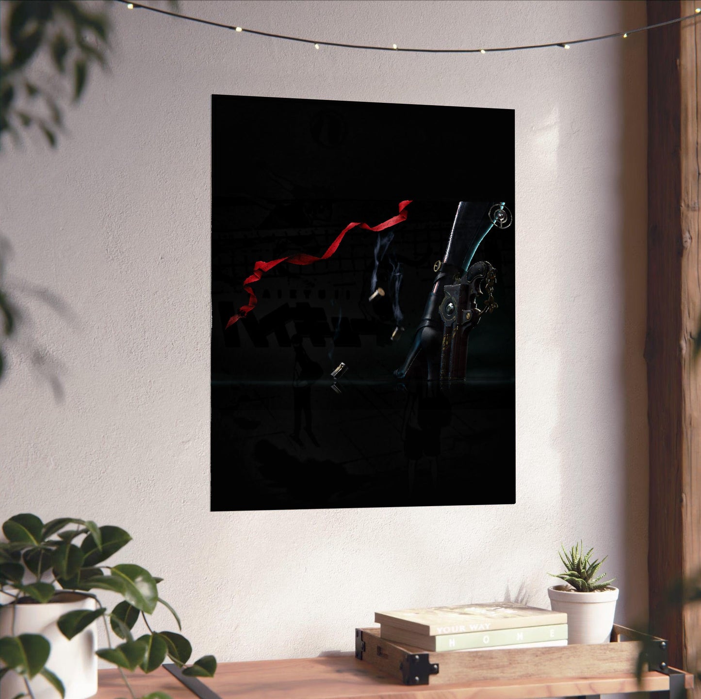 Bayonetta boots and bullets art poster unframed on a white wall above a desk