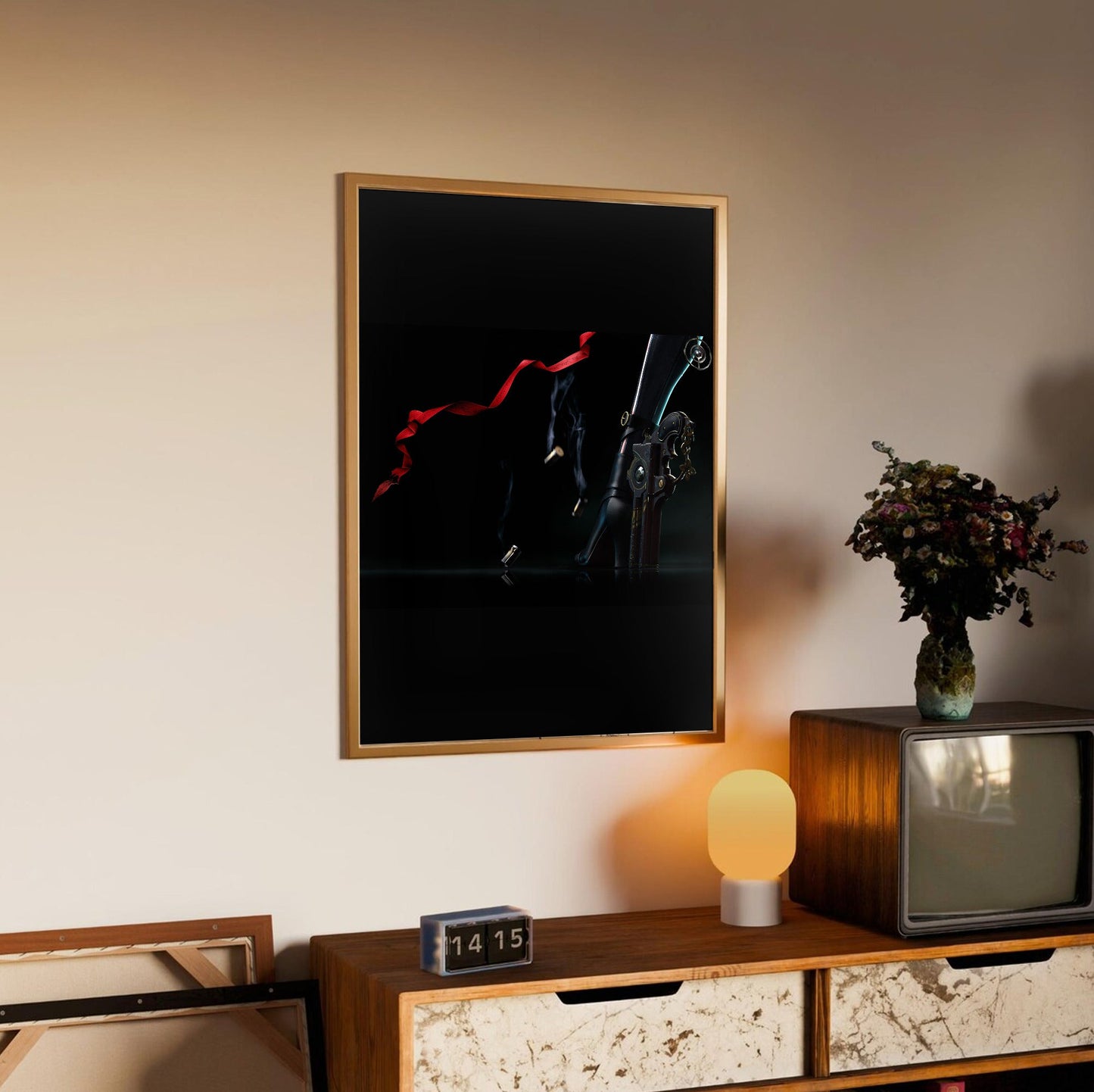 Bayonetta boots and bullets art poster in an oak frame above a sideboard