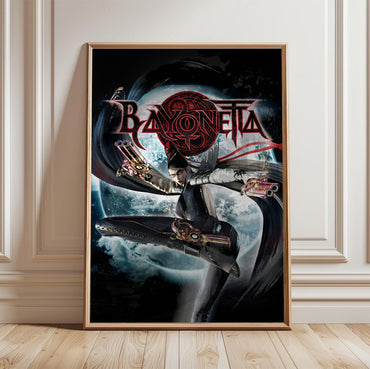 Bayonetta official cover art poster in a light oak frame leaning against a white wall