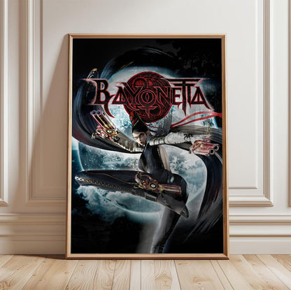 Bayonetta official cover art poster in a light oak frame leaning against a white wall