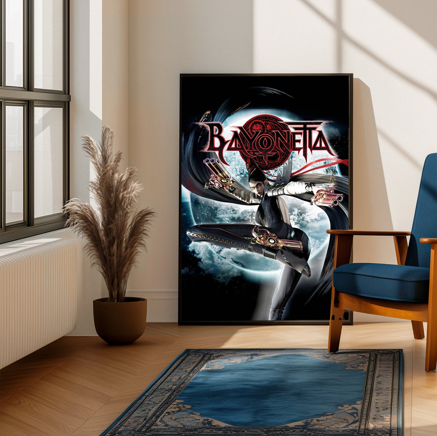 Bayonetta official cover art poster framed beside a blue armchair in a sunlit room