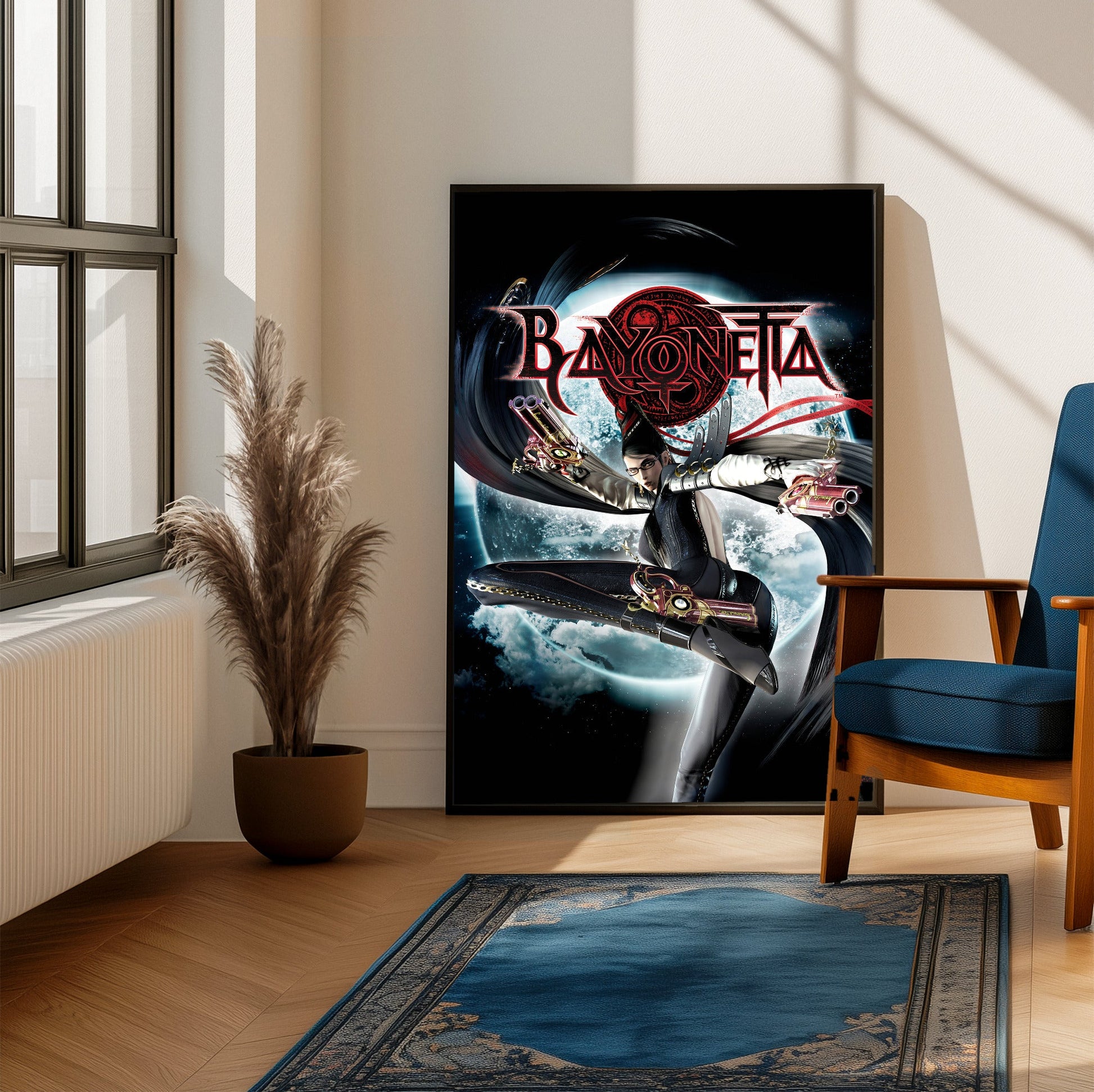 Bayonetta official cover art poster framed beside a blue armchair in a sunlit room