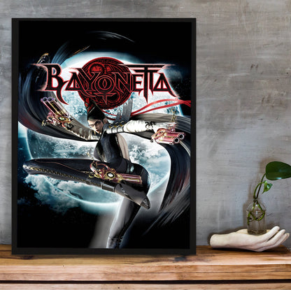 Bayonetta official cover art poster in a black frame on a wooden shelf against concrete