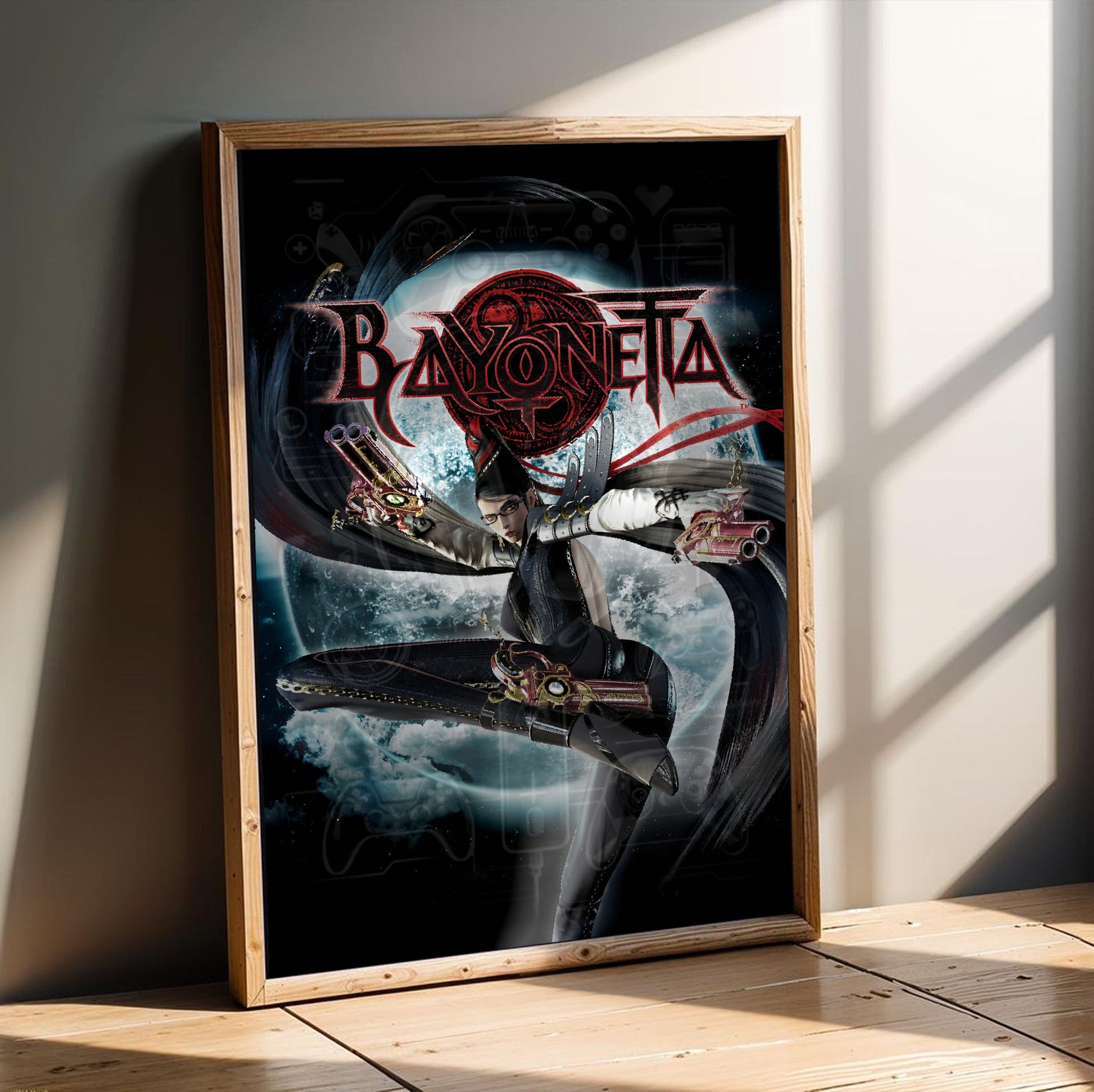 Bayonetta official cover art poster in an oak frame leaning on a wooden floor