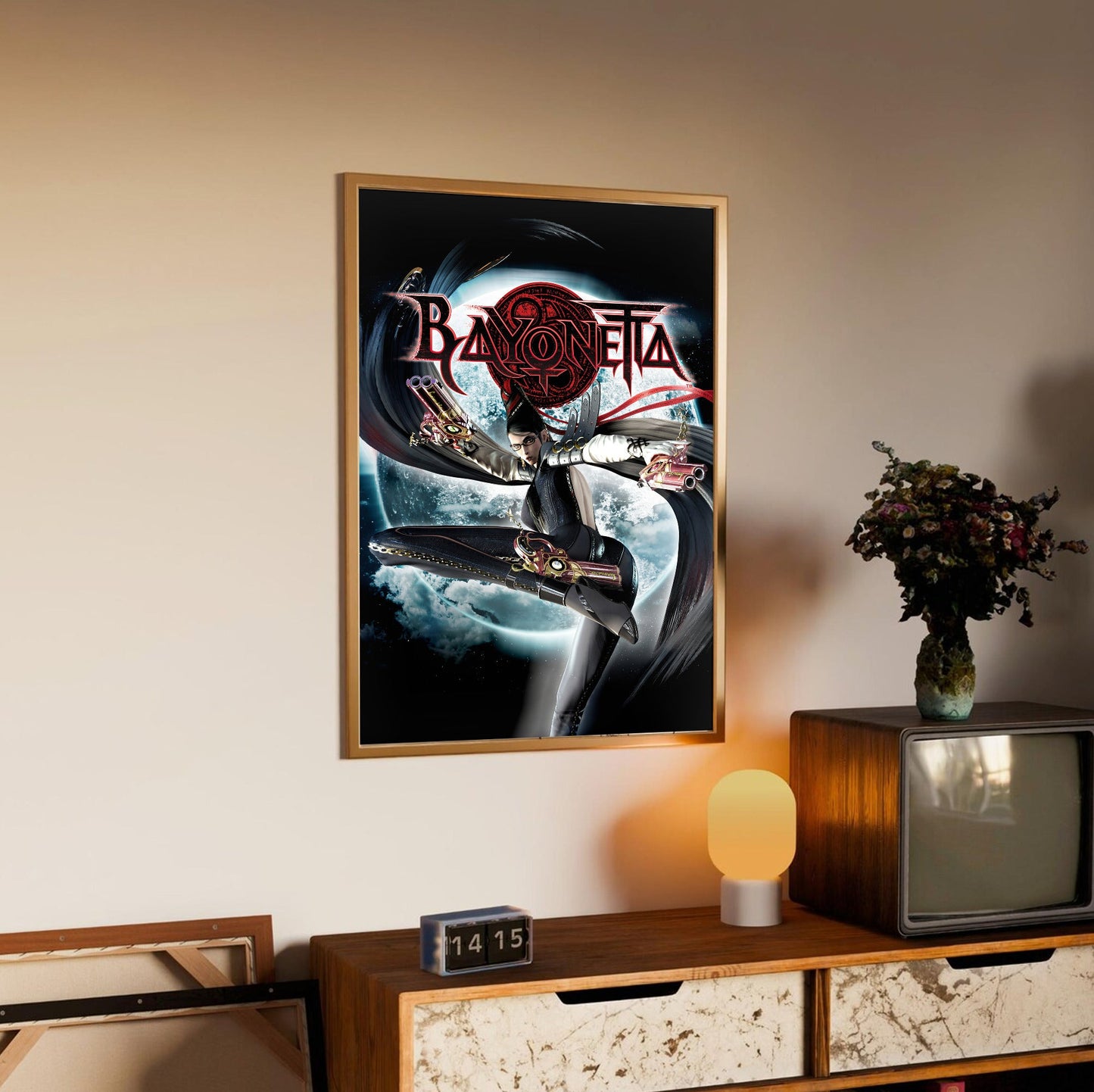 Bayonetta official cover art poster in an oak frame above a sideboard