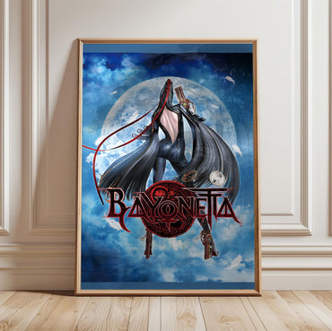 Bayonetta moonlight key art with logo poster in a light oak frame leaning against a white wall