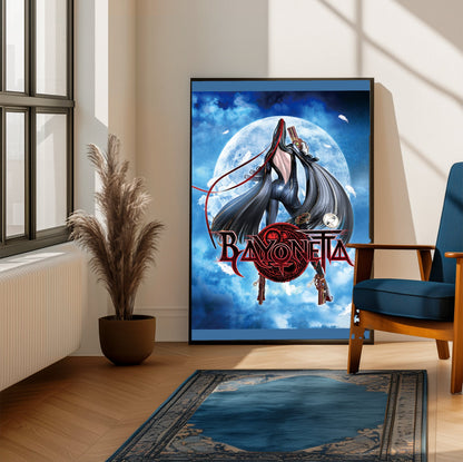 Bayonetta moonlight key art with logo poster framed beside a blue armchair in a sunlit room