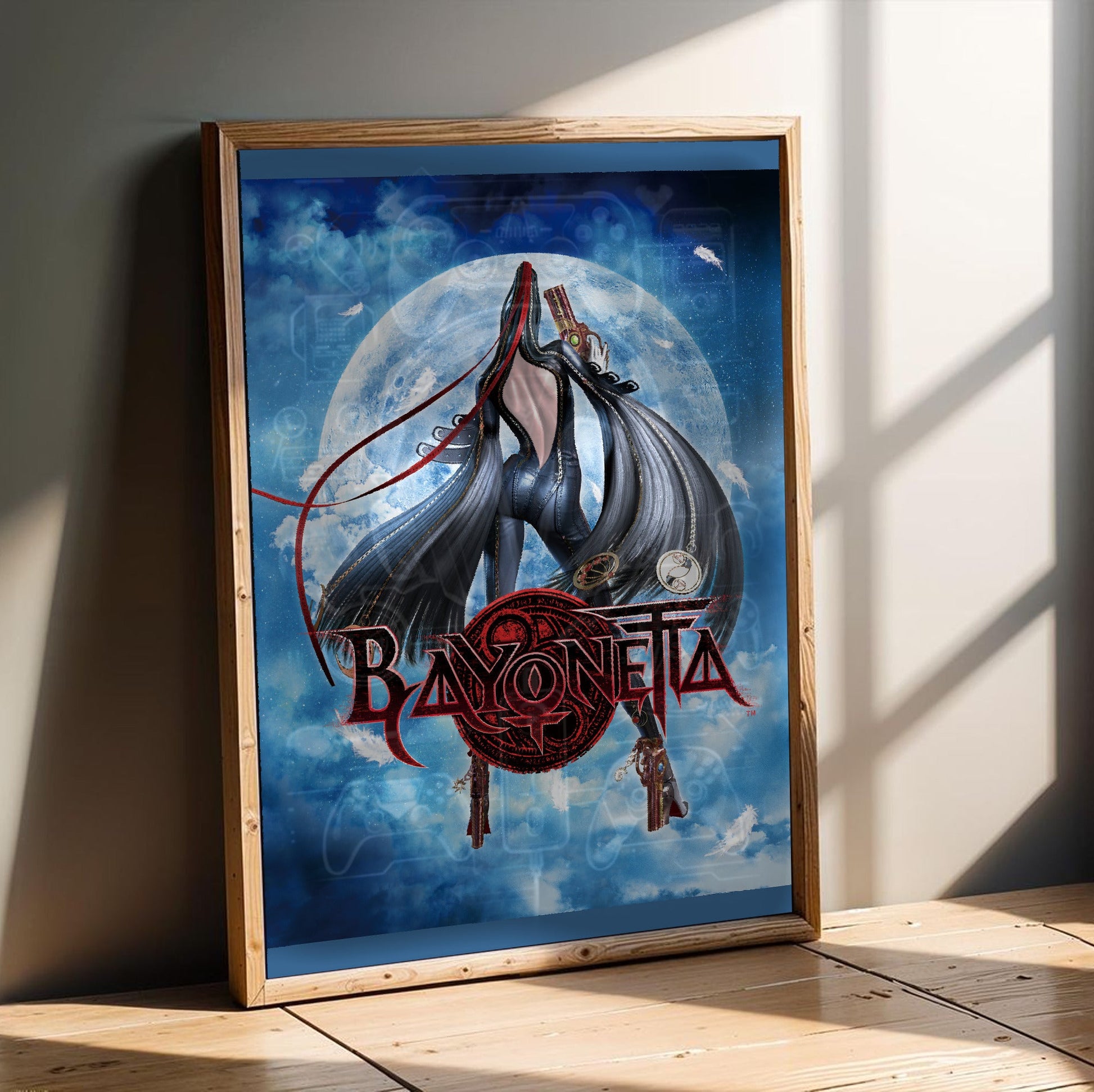 Bayonetta moonlight key art with logo poster in an oak frame leaning on a wooden floor