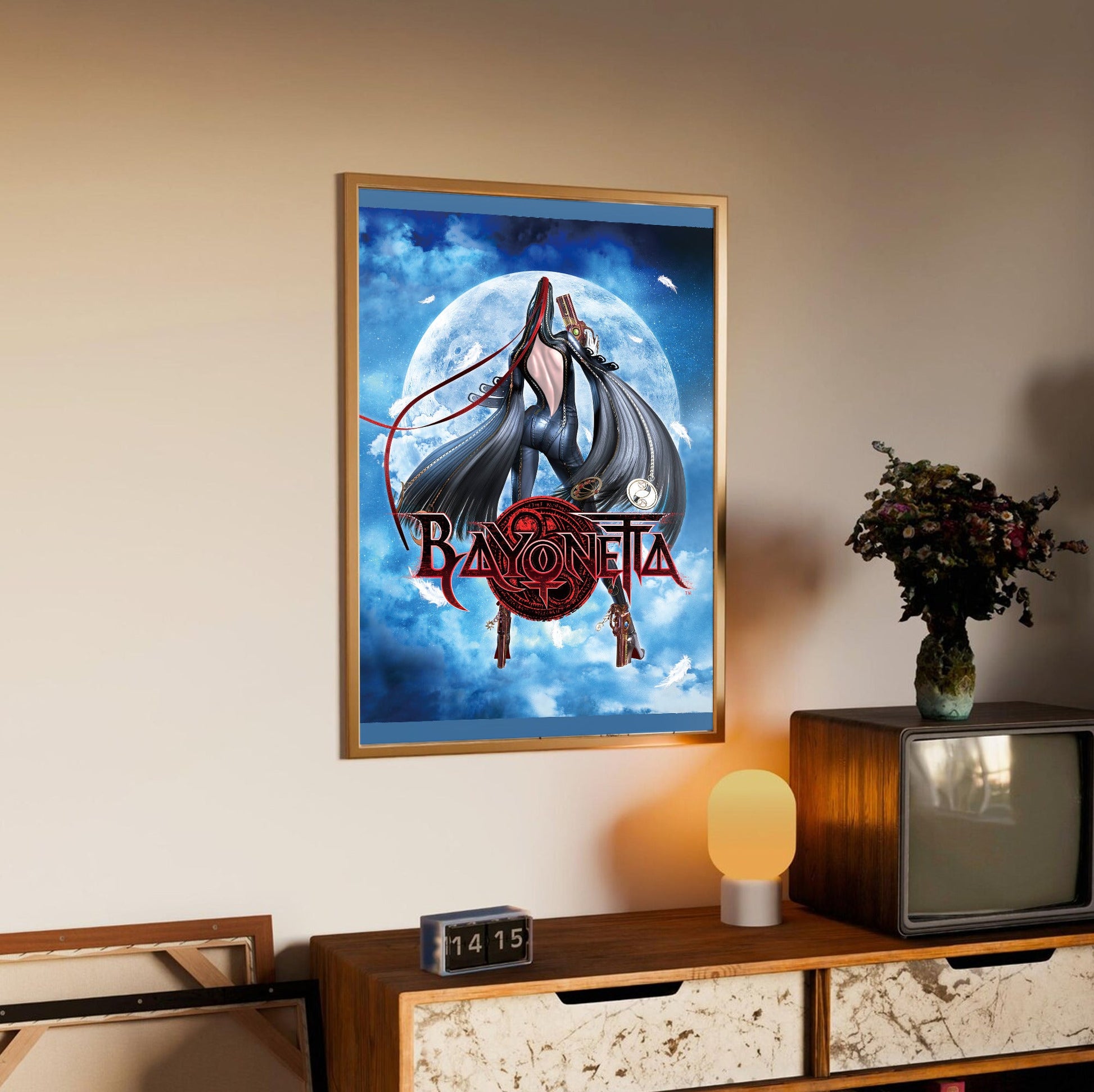 Bayonetta moonlight key art with logo poster in an oak frame above a sideboard