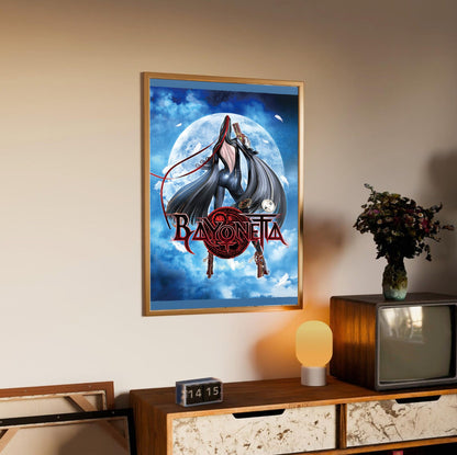 Bayonetta moonlight key art with logo poster in an oak frame above a sideboard