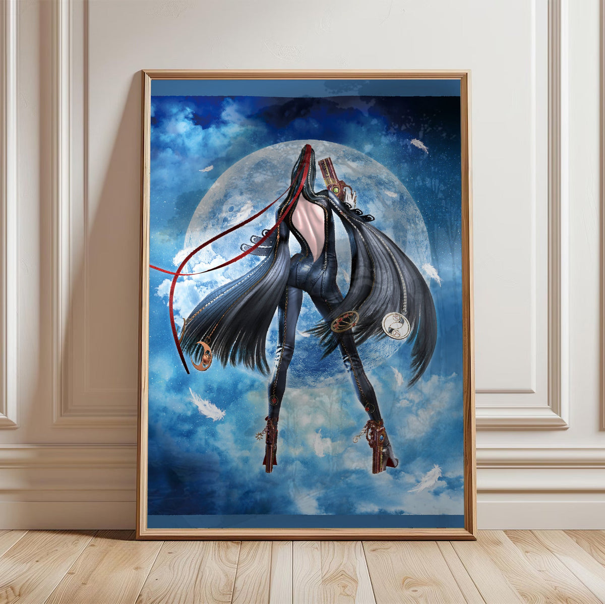 Bayonetta moonlight key art poster in a light oak frame leaning against a white wall