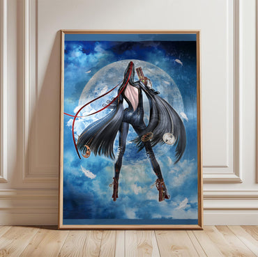 Bayonetta moonlight key art poster in a light oak frame leaning against a white wall
