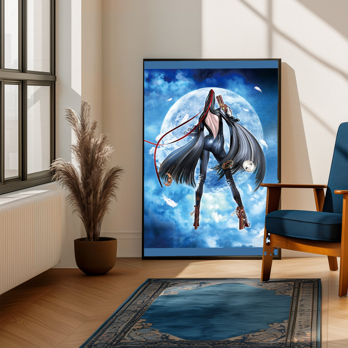 Bayonetta moonlight key art poster framed beside a blue armchair in a sunlit room