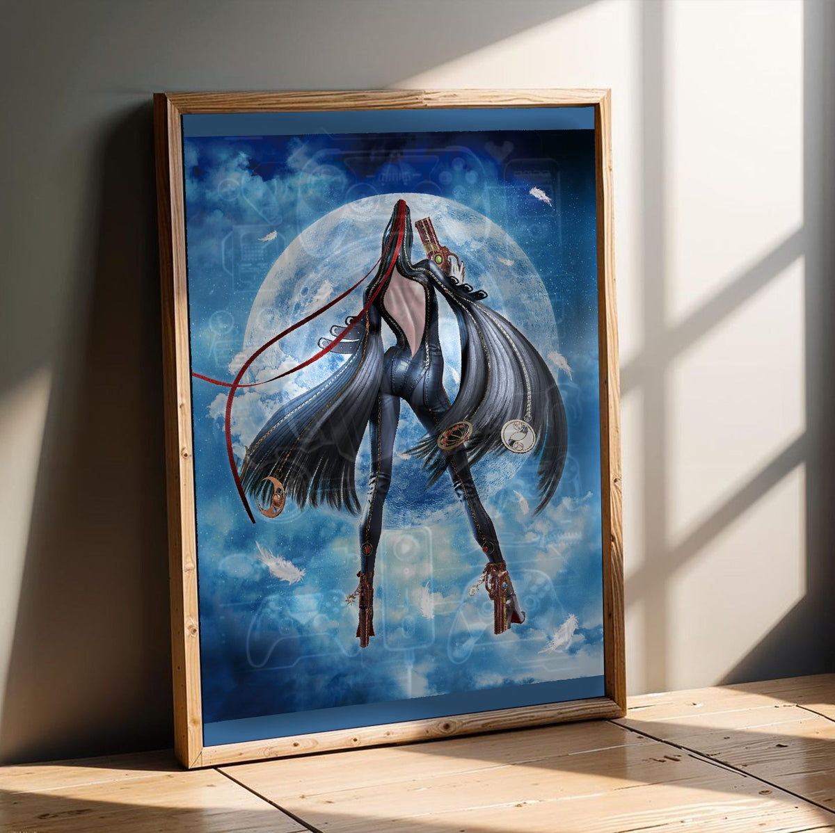 Bayonetta moonlight key art poster in an oak frame leaning on a wooden floor