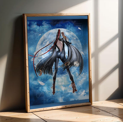 Bayonetta moonlight key art poster in an oak frame leaning on a wooden floor