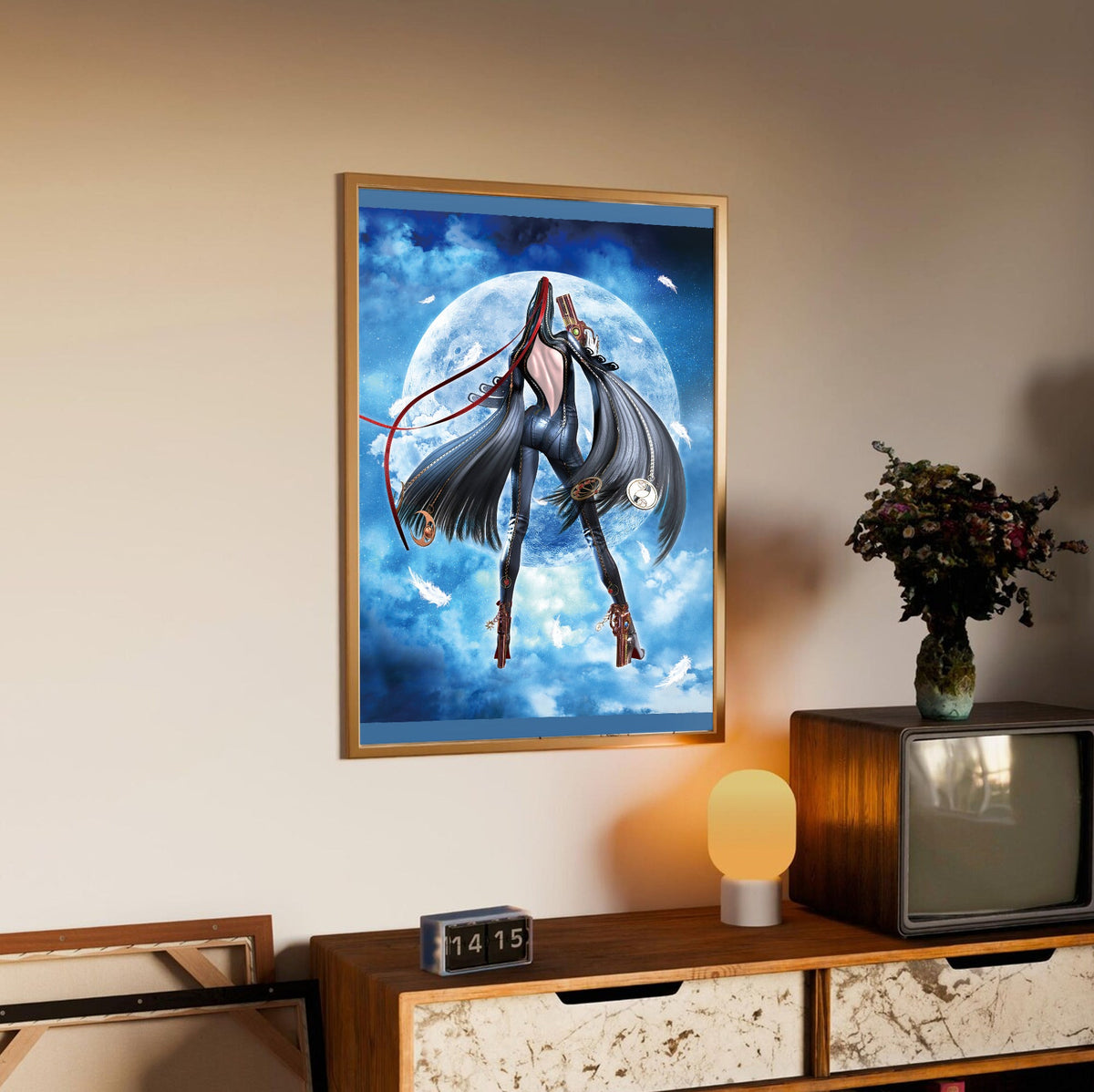 Bayonetta moonlight key art poster in an oak frame above a sideboard