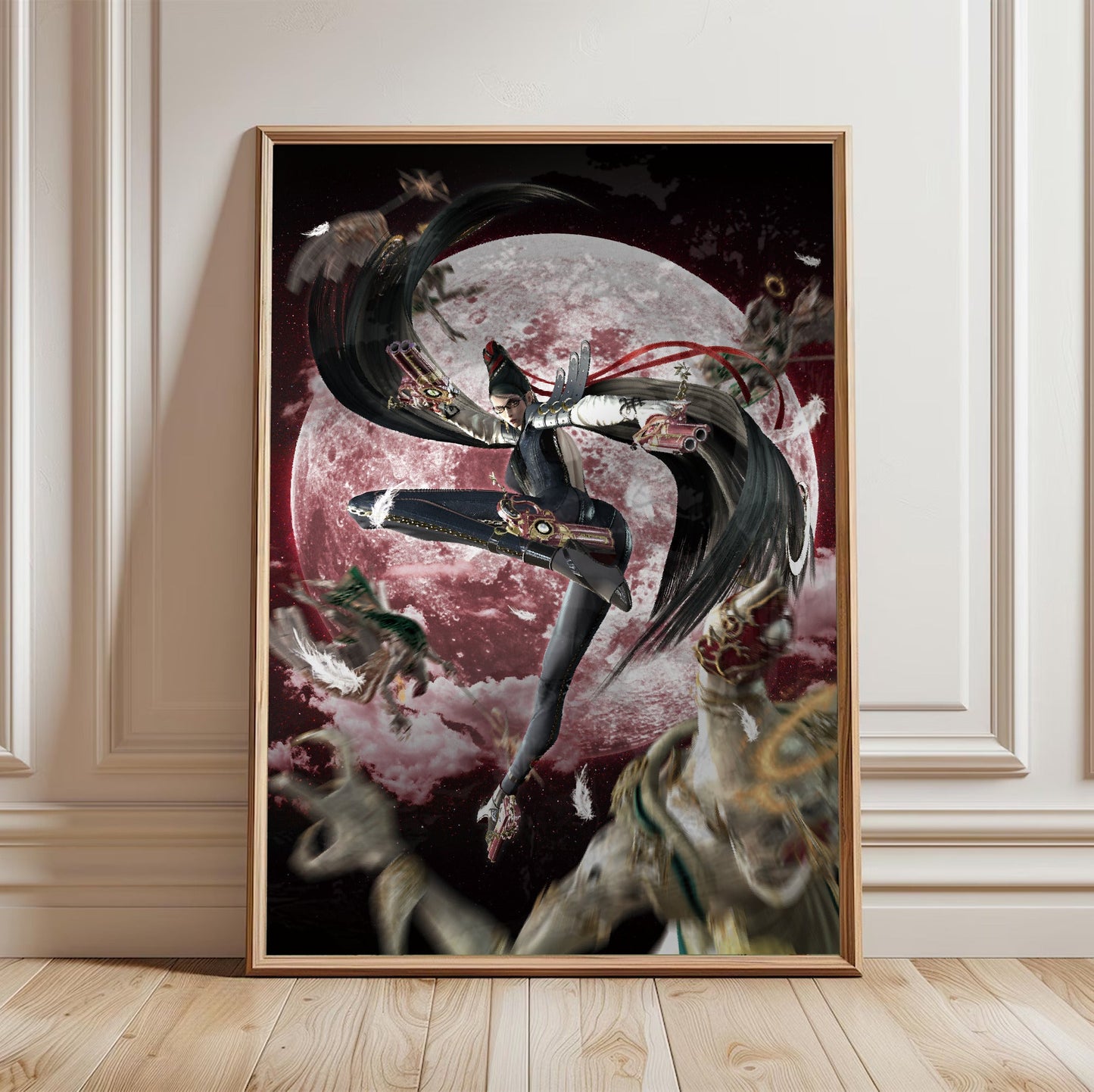 Bayonetta crimson moon key artwork poster in a light oak frame leaning against a white wall