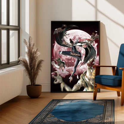 Bayonetta crimson moon key artwork poster framed beside a blue armchair in a sunlit room