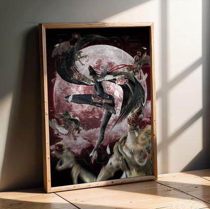 Bayonetta crimson moon key artwork poster in an oak frame leaning on a wooden floor