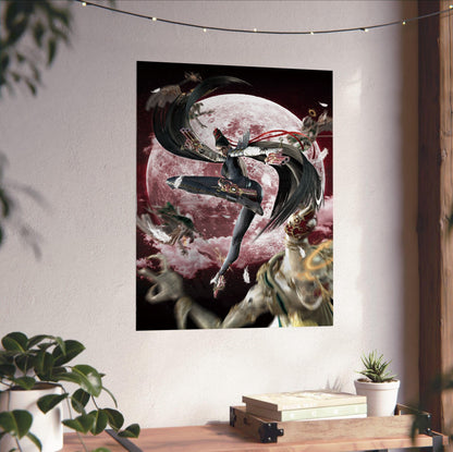 Bayonetta crimson moon key artwork poster unframed on a white wall above a desk