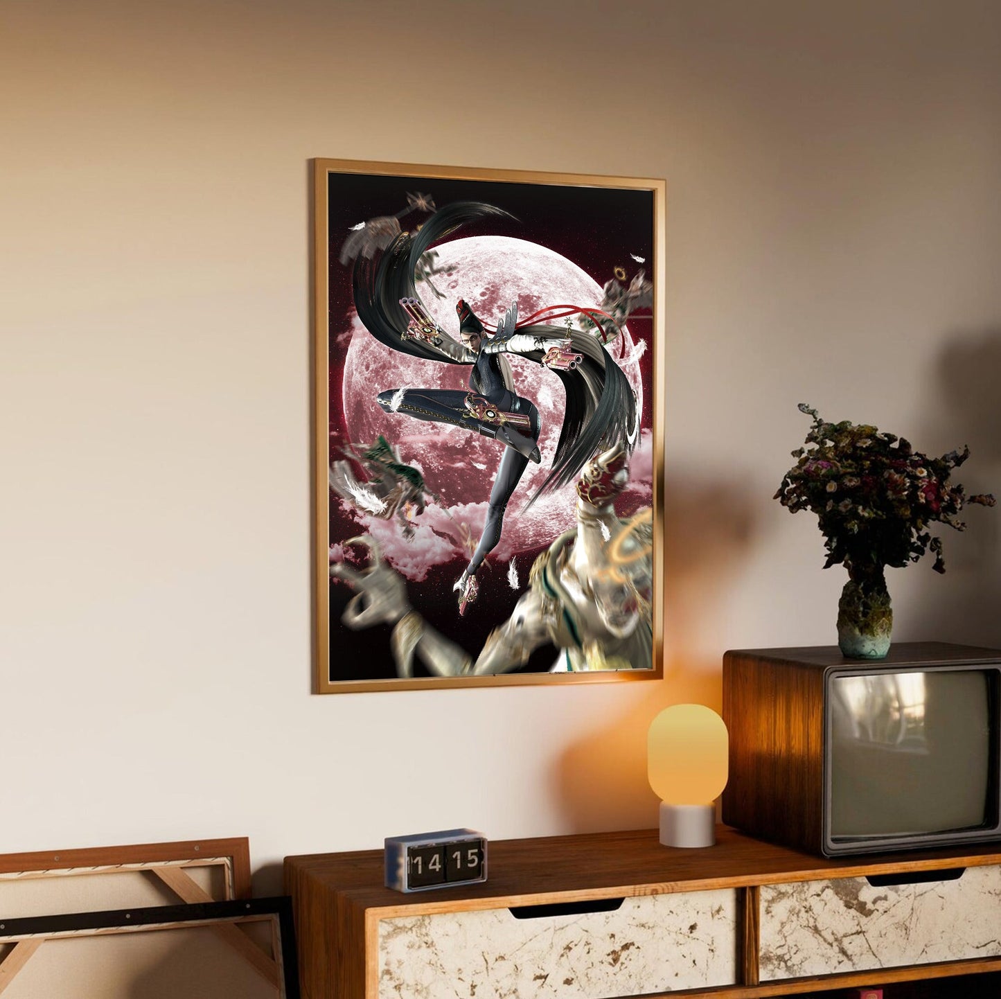 Bayonetta crimson moon key artwork poster in an oak frame above a sideboard