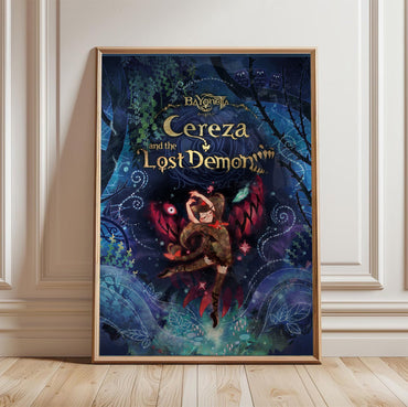 Bayonetta Origins Cereza and the Lost Demon cover art poster in a light oak frame leaning against a white wall