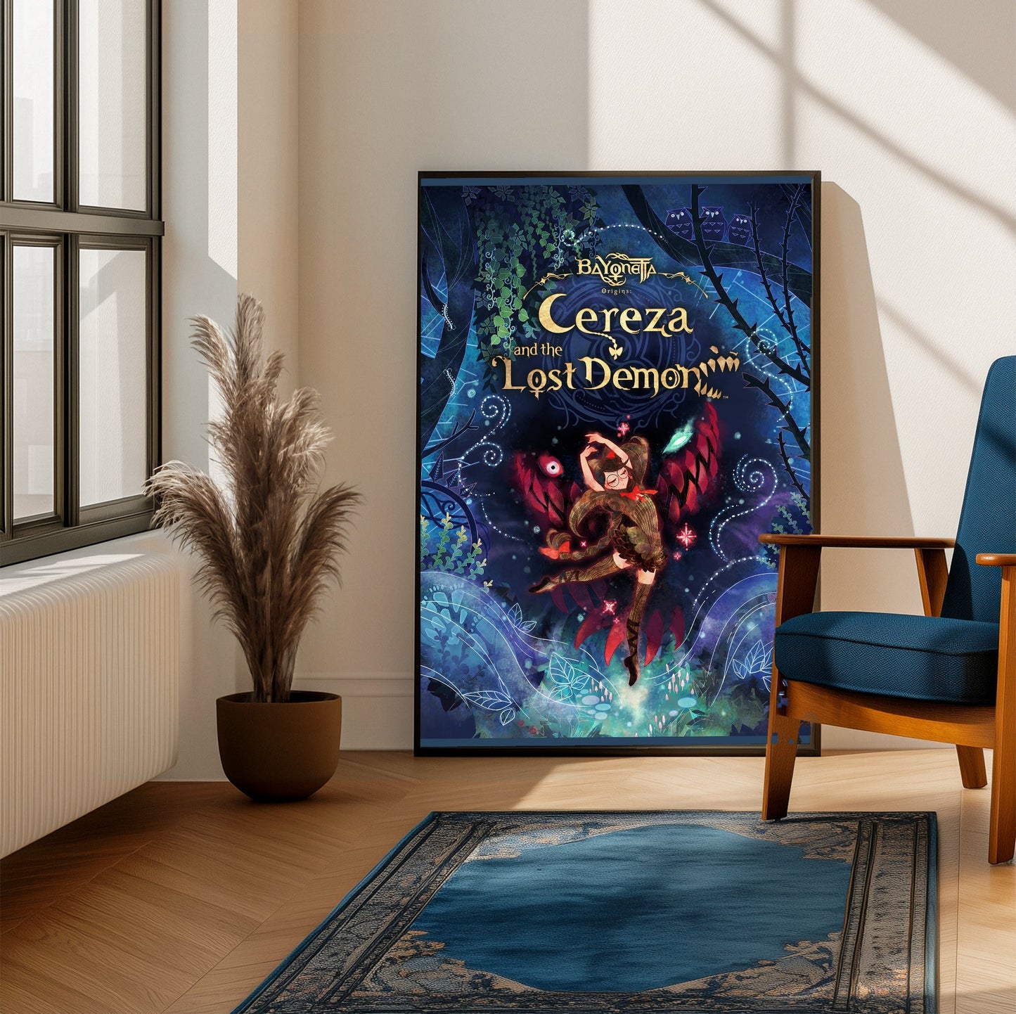 Bayonetta Origins Cereza and the Lost Demon cover art poster framed beside a blue armchair in a sunlit room