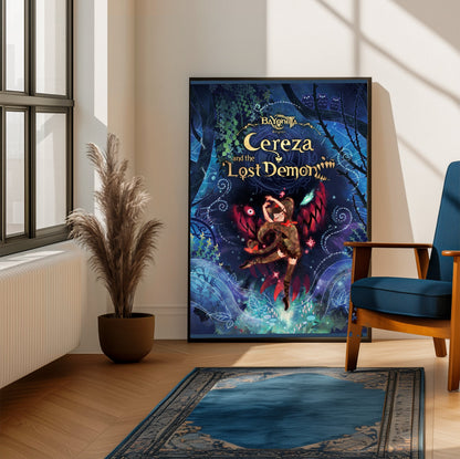 Bayonetta Origins Cereza and the Lost Demon cover art poster framed beside a blue armchair in a sunlit room