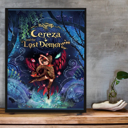 Bayonetta Origins Cereza and the Lost Demon cover art poster in a black frame on a wooden shelf against concrete