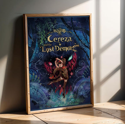 Bayonetta Origins Cereza and the Lost Demon cover art poster in an oak frame leaning on a wooden floor