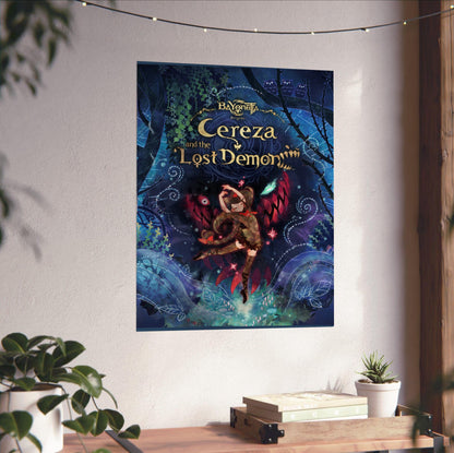 Bayonetta Origins Cereza and the Lost Demon cover art poster unframed on a white wall above a desk