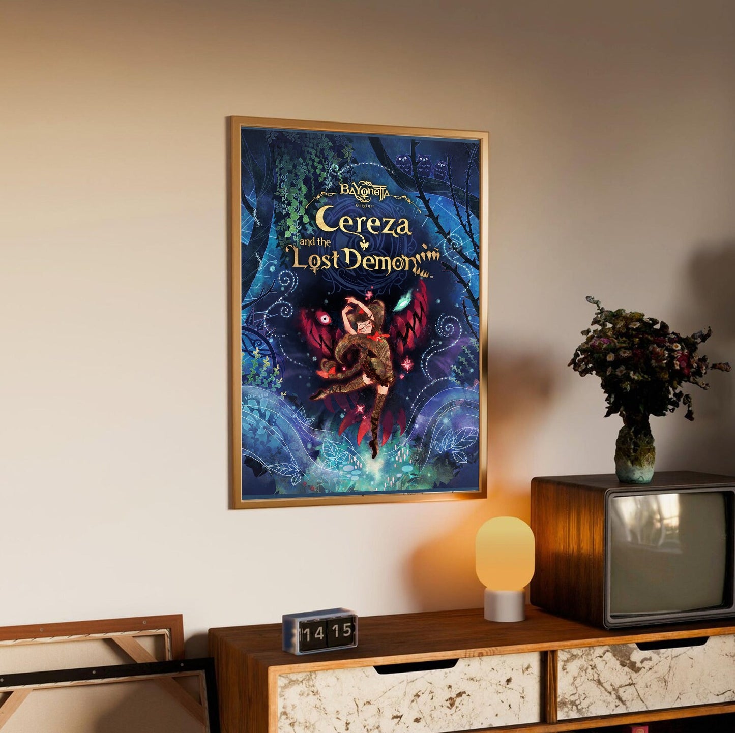 Bayonetta Origins Cereza and the Lost Demon cover art poster in an oak frame above a sideboard