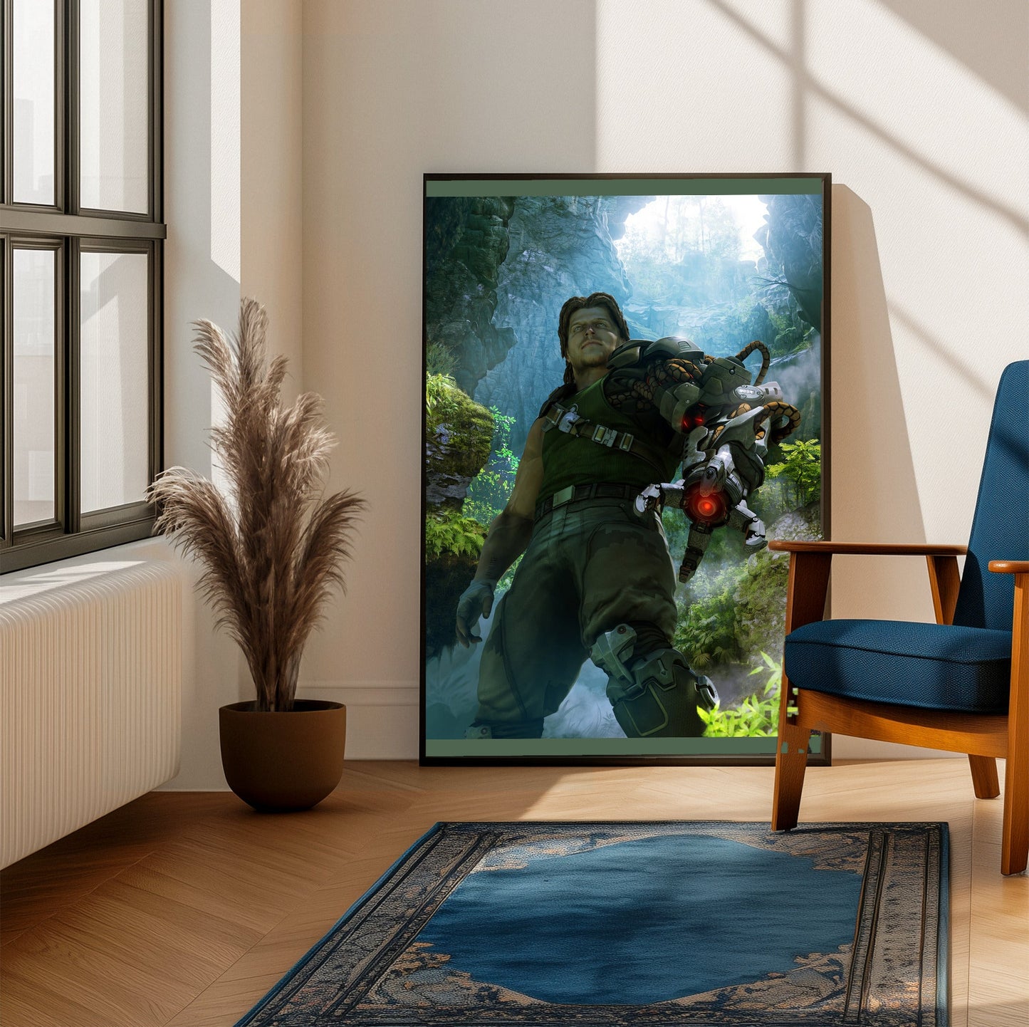 Bionic Commando cave artwork poster on a living room wall