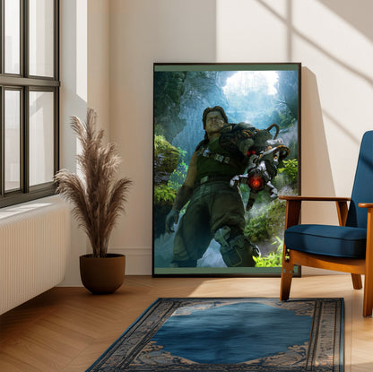 Bionic Commando cave artwork poster on a living room wall