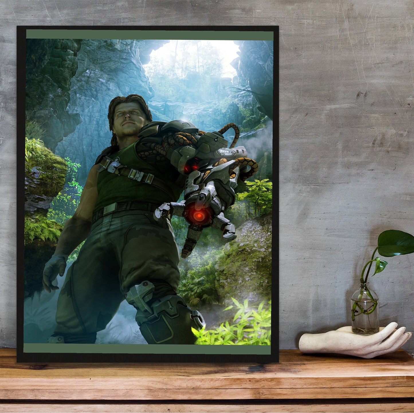 Bionic Commando cave artwork poster hung above a desk