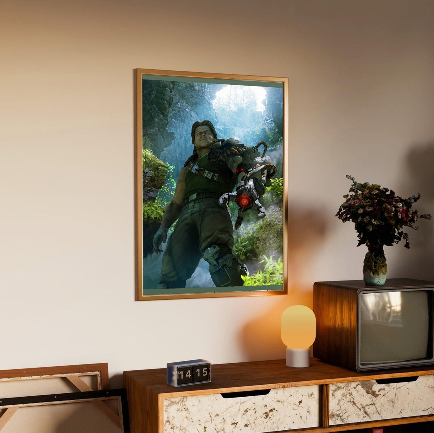 Bionic Commando cave artwork poster styled on a gallery wall