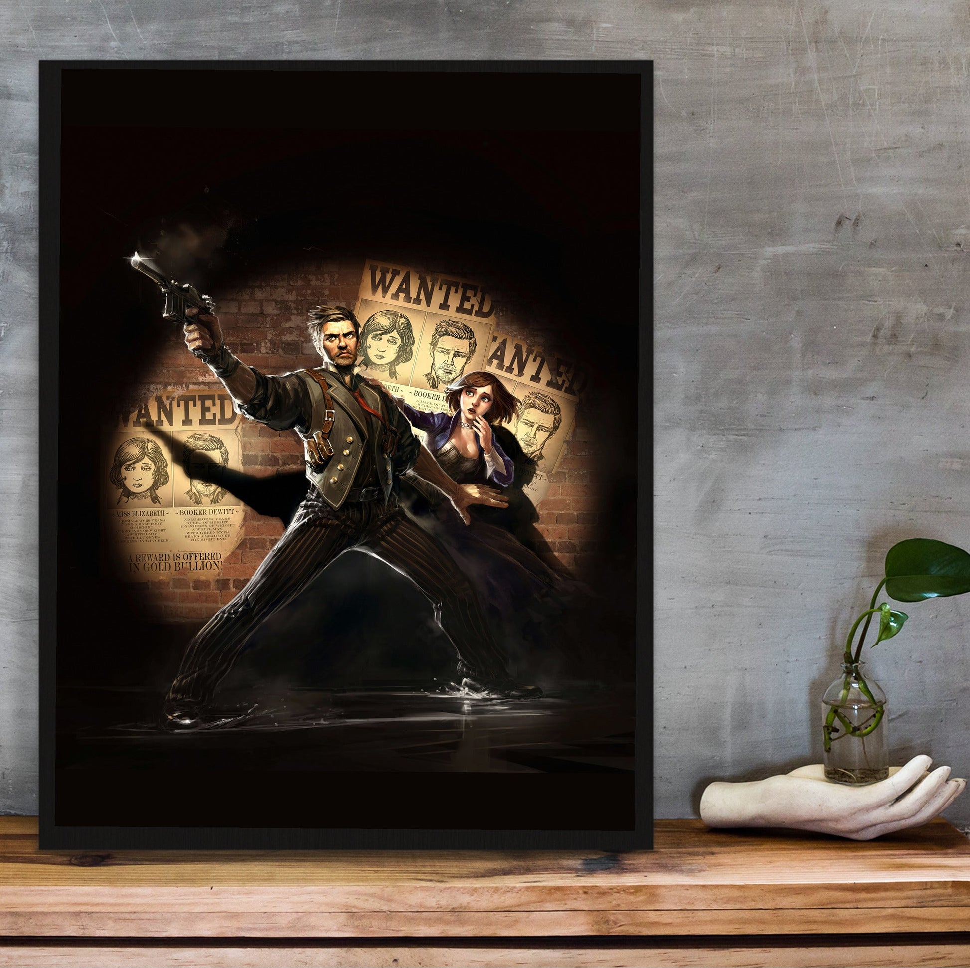 BioShock Infinite Booker and Elizabeth poster hung above a desk