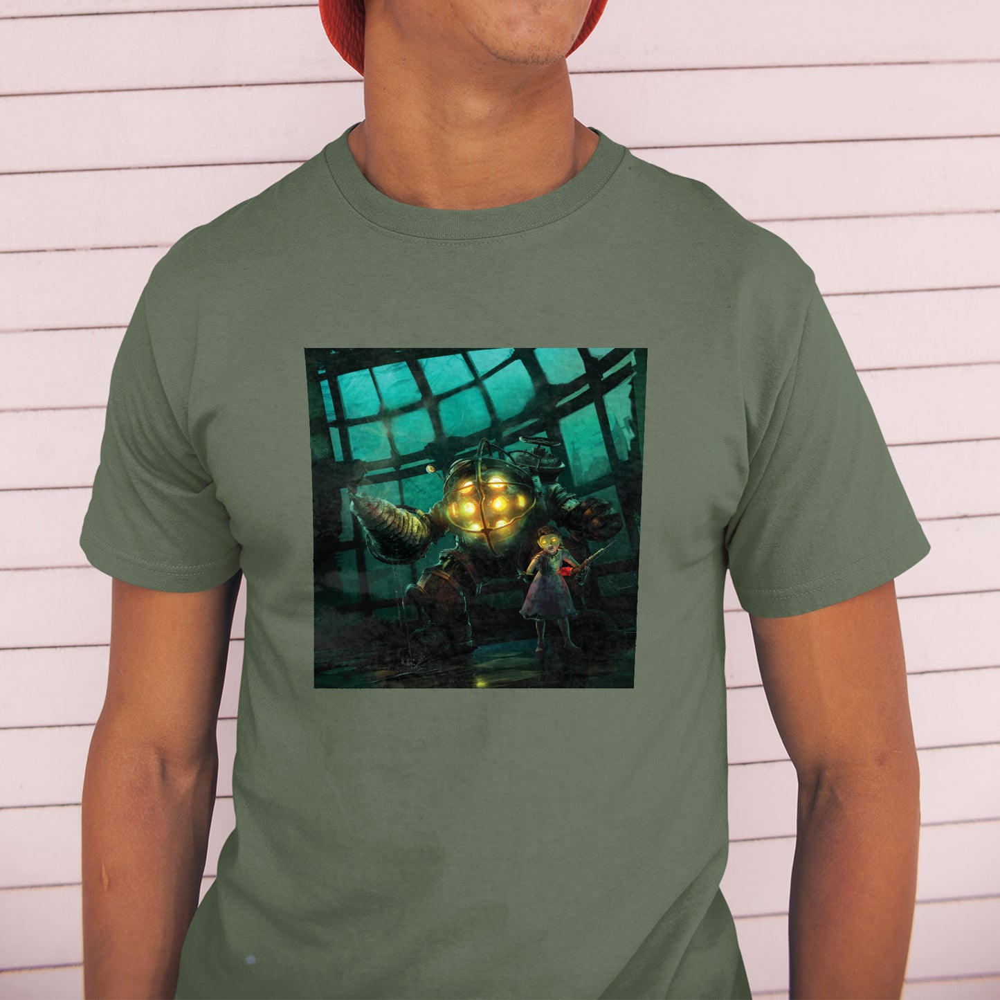 Green BioShock cover art t-shirt, street style outfit