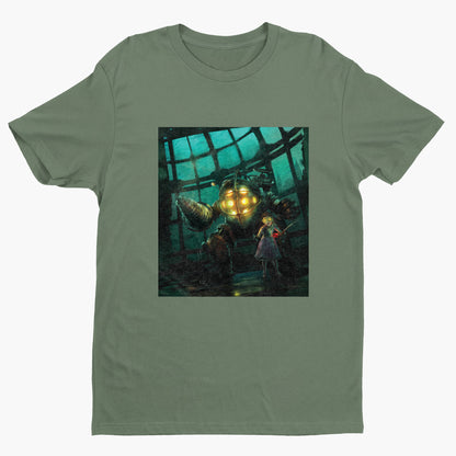 BioShock Big Daddy and Little Sister cover art t-shirt in green